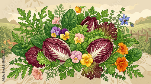 A vibrant illustration of a fresh salad mix with greens and edible flowers. Perfect for healthy eating concepts, organic food packaging, menus, and farm-to-table themes.
