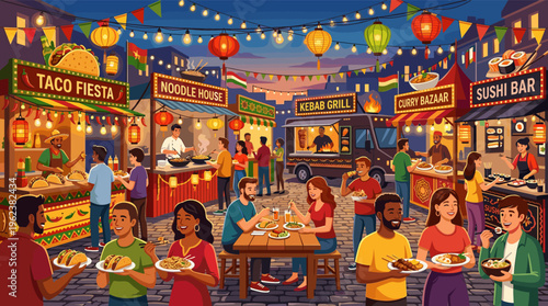 A vibrant illustration of a diverse crowd enjoying an international street food festival at night. People eat tacos, noodles, and sushi under festive lights. For cultural events.