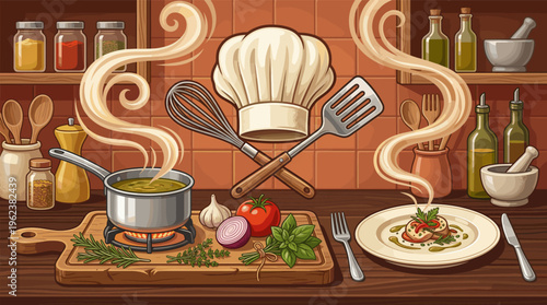 A vibrant illustration of a chef's kitchen with a hat, utensils, steaming soup, and fresh ingredients. Perfect for restaurant menus, food blogs, or culinary branding.