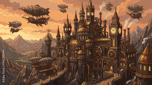 A detailed illustration of an epic steampunk city built on mountains, with airships flying at sunset. A fantastic industrial landscape for sci-fi, fantasy, or adventure themes.