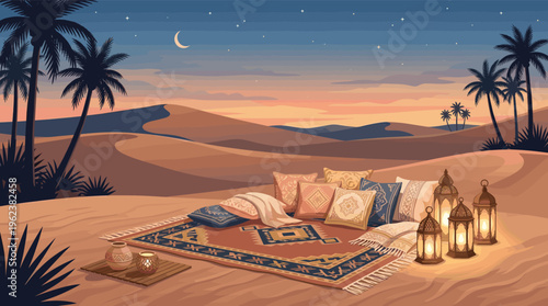 A serene illustration of a cozy lounge in the desert at night. Pillows, a carpet, and glowing lanterns create a romantic, magical mood for relaxation or travel concepts.