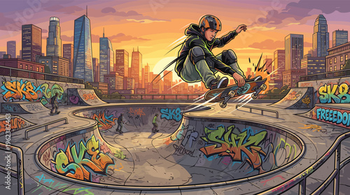 Dynamic illustration of a young skater performing a trick in an urban skatepark with graffiti at sunset. Represents youth culture, freedom, and extreme sports. Vector art style.