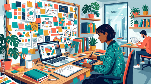Illustration of a female designer working at a desk in a creative office. She uses a tablet and laptop, surrounded by a board with ideas for a project. Modern workplace concept.