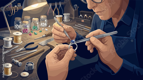 Illustration of a master jeweler setting a blue gemstone in a ring at his workbench. Evokes craftsmanship, luxury, precision, and the value of handmade goods.