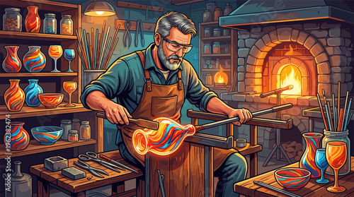 Illustration of a focused male artisan glassblower shaping molten glass in his workshop. Concept for craftsmanship, small business, and traditional handmade art.