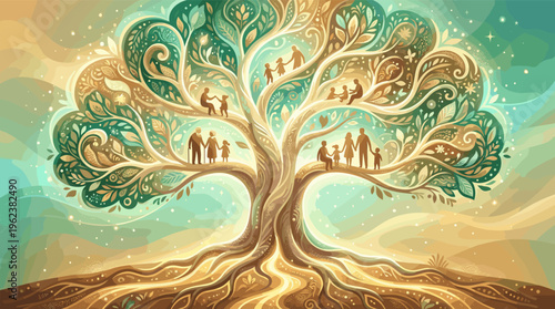 A beautiful illustration of a family tree of life with generations. Magical and spiritual, it symbolizes legacy, roots, and family bonds. Perfect for genealogy or heritage concepts.