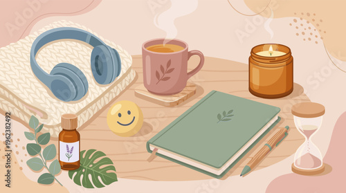 Cozy illustration of a relaxing self-care routine with journal, tea, candle, and headphones. For wellness, mindfulness, and hygge lifestyle concepts.