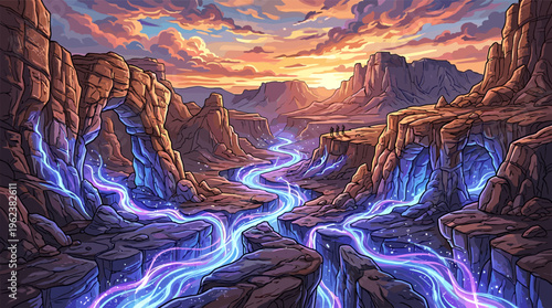 Epic fantasy illustration of a canyon with a magical glowing river at sunset. Ideal for gaming, adventure, and storytelling themes.