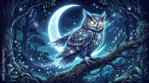 A magical owl with glowing eyes sits on a branch in an enchanted forest. A crescent moon and starry sky create a whimsical, fantasy mood. Ideal for book covers or spirituality.