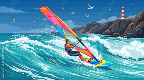 Vibrant vector illustration of a windsurfer riding a powerful ocean wave. This dynamic scene with a lighthouse is perfect for adventure, travel, and extreme sports concepts.