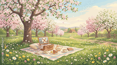A picturesque illustration of a picnic under a blooming tree in a spring meadow. A serene, idyllic scene perfect for themes of relaxation, nature, and leisure.