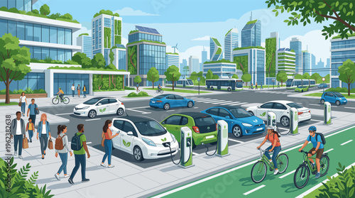 A vibrant smart city with electric cars at charging stations and people cycling. Eco buildings with solar panels showcase a sustainable, futuristic, and green urban lifestyle.