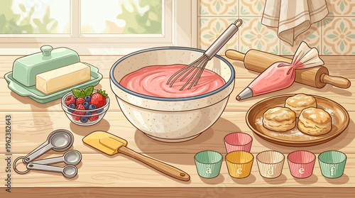 A charming illustration of a baking scene on a wooden counter. Shows a bowl of pink frosting, fresh berries, scones, and baking tools. Perfect for culinary blogs or educational content.