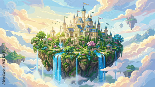 A majestic fairy tale castle on a floating island with waterfalls, set in a dreamy sky with pastel clouds. Ideal for fantasy, adventure, or magical concepts.