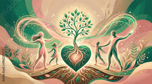 A vibrant illustration of family unity around a glowing tree of life with heart roots. Symbolizes love, growth, harmony, and connection. Ideal for wellness or environmental concepts.