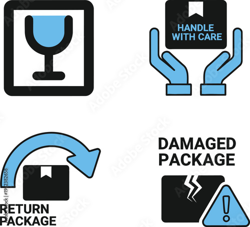 Four distinct icons illustrate different aspects of package handling logistics, including fragility, careful handling, returns, and damage warnings.