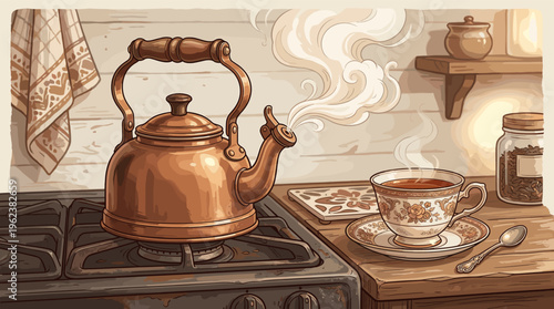 A charming illustration of a steaming copper kettle on a stove and a cup of hot tea. Evokes a warm, cozy, nostalgic feeling for cafes, blogs, or home-themed designs.