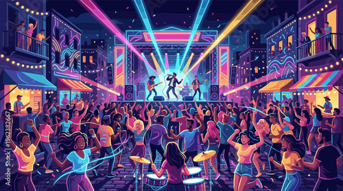 Vibrant illustration of a live music festival on a city street at night. An energetic crowd dances to a band on a neon-lit stage. Perfect for event promotion and celebration.