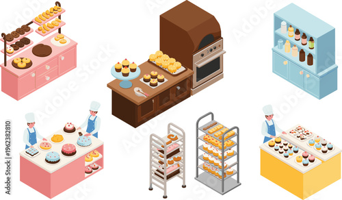 Isometric bakery kitchen with chefs baking cakes pastries dessert display oven baking process confectionery shop illustration concept