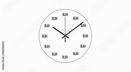Simple analog clock with 'BLAH' text on its face against a plain white background in a close-up view.