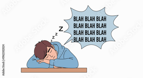 A cartoon man falls asleep at a desk with a speech bubble showing indecipherable text, conveying boredom.
