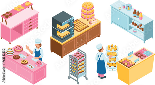 Isometric bakery shop with chefs baking cakes pastries dessert display oven confectionery production kitchen illustration concept