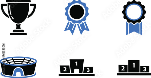 Various black and blue icons depict achievement symbols such as a trophy, award ribbons, a stadium, and numbered winner podiums for competition.