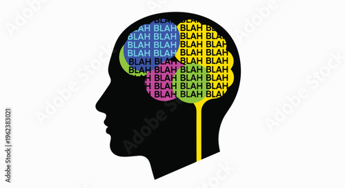 Illustration of a human head in black silhouette with colorful brain and speech bubbles on a white background.