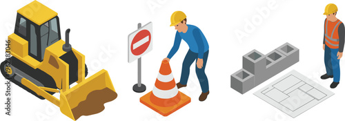 Isometric construction equipment with bulldozer, workers placing safety cone and planning building layout, civil engineering process, roadwork and site preparation illustration