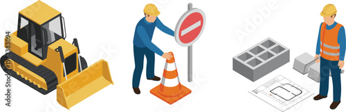 Isometric construction scene with bulldozer, worker placing traffic cone and building plan, civil engineering workflow, site preparation and road safety illustration