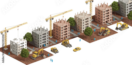 Isometric construction site with cranes excavators workers building development urban infrastructure real estate architecture progress illustration design concept