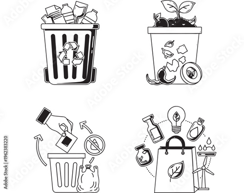 Trash cans eco friendly set with recycling and waste management icons featuring garbage bins, sustainable, environmental with conservation and reuse