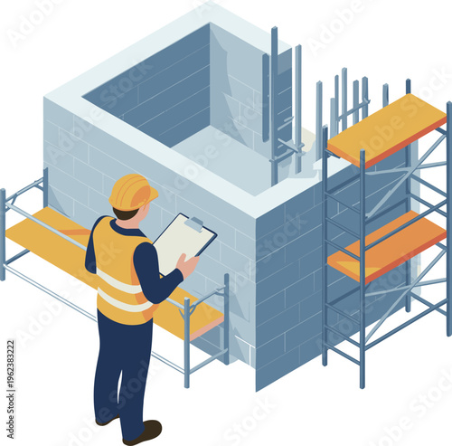 Isometric construction worker inspecting building wall with scaffolding, site supervision and masonry work, civil engineering process and infrastructure development illustration