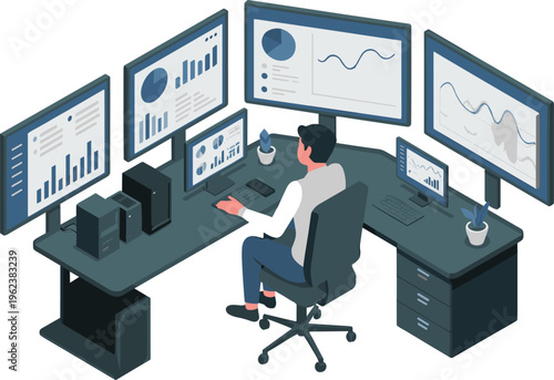Isometric data analyst workstation with multiple screens charts analytics dashboard business intelligence monitoring office vector illustration technology concept