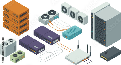 Isometric data center equipment set with servers routers cooling systems network hardware technology infrastructure illustration collection