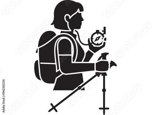 Hiker silhouette with backpack and trekking poles taking a break to check a compass featuring black, icon, illustration with adventure and outdoor