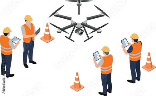 Isometric drone operation with workers controlling UAV inspection monitoring construction site technology aerial survey vector illustration concept design