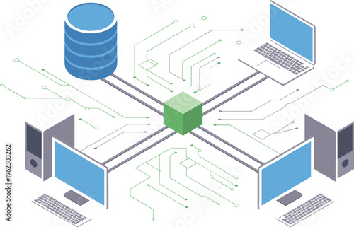 Isometric data network system with servers database computers digital connection cloud computing technology infrastructure illustration design concept modern