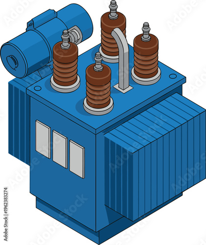 Isometric electric power transformer with high voltage insulators industrial equipment energy distribution technology engineering infrastructure illustration modern system