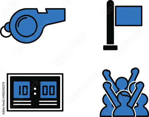 A collection of four blue and black icons represents sports officiating, game timing, and fan enthusiasm on a white background.