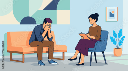 A man sits on a couch looking stressed while talking to a female therapist in a calm and comfortable office setting with a plant and artwork on the wall