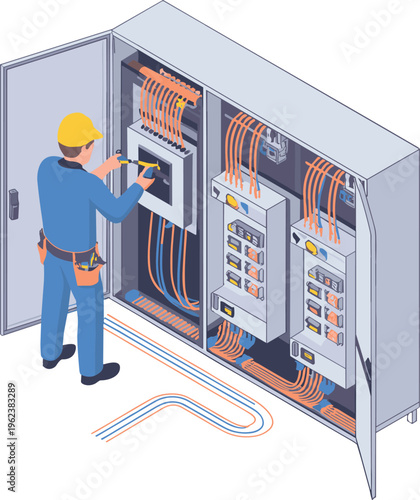 Isometric electrician installing electrical control cabinet with wiring system, industrial maintenance concept, power distribution equipment, technical service and safety inspection illustration
