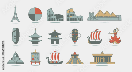 Flat lay of various iconic landmarks and symbols from around the world on a clean white background with a mix of gray, red, and brown colors.