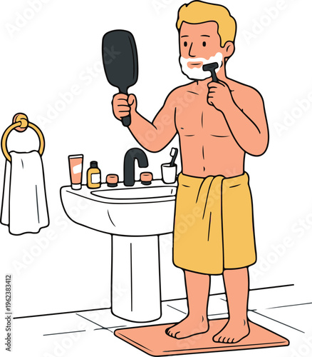 A cartoon man shaving in front of a bathroom sink while checking his face in a handheld mirror with a towel hanging on the wall