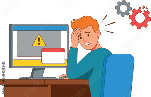 A frustrated cartoon man sits at a desk in front of a computer with an error message on the screen and a worried expression on his face