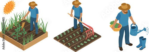 Isometric farmer working in garden with planting, cultivating soil and watering vegetables, agriculture concept, organic farming and harvesting process illustration
