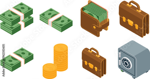 Isometric financial icons with cash stacks, wallet, briefcase, coins, safe, banking assets, money management, investment and business finance concept