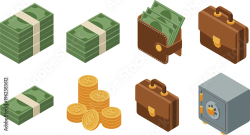 Isometric financial icons set with cash stacks, wallet, briefcase, coins, safe, banking assets, money management, business finance illustration collection