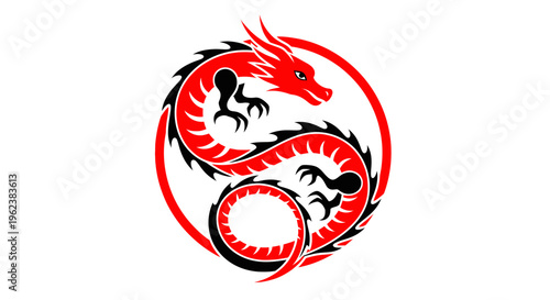 A vibrant red dragon illustration curls in a circular motion on a white background.