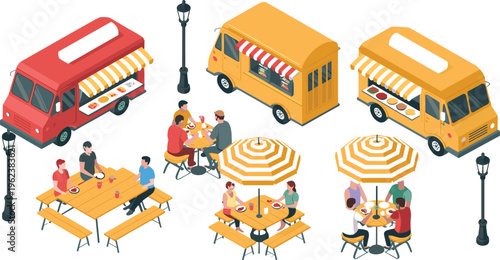 Isometric food truck street dining scene with people eating outdoor cafe fast food vendor urban lifestyle illustration concept